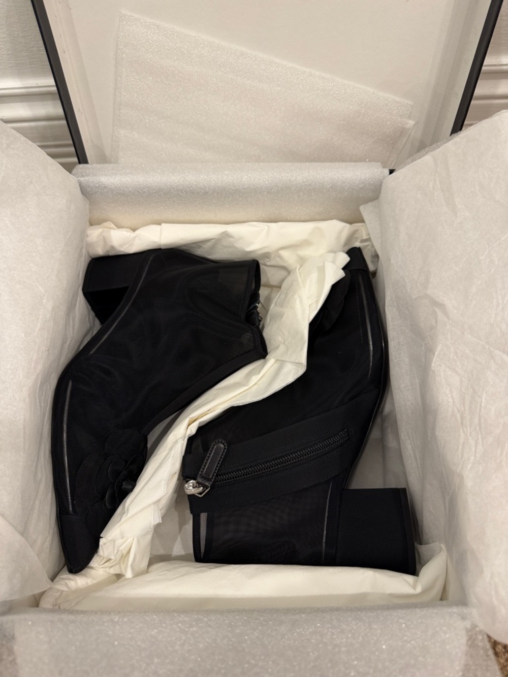 Chanel Camellia Mesh Ankle Boots 37.5 | Sheer Black Iconic CC Heels Runway NWT - Picture 11 of 13